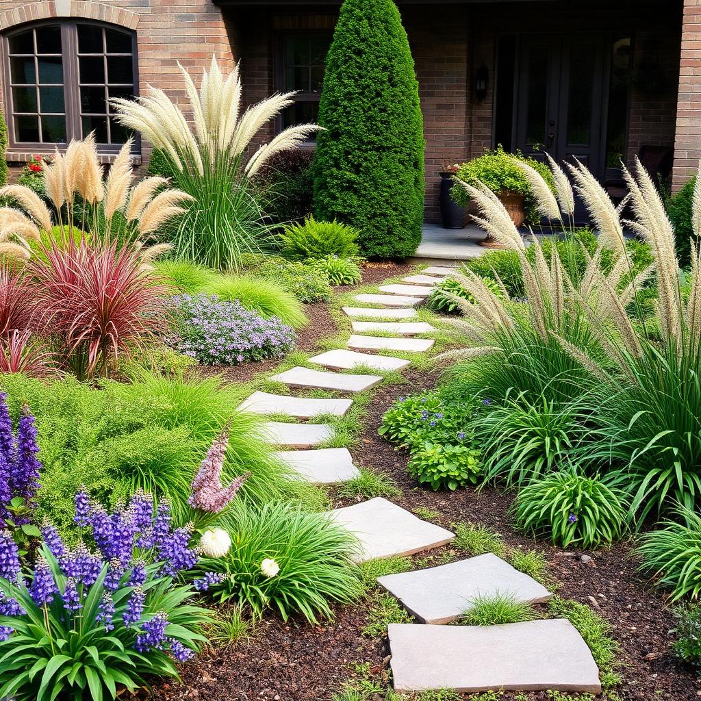 Front yard garden with stone walkway