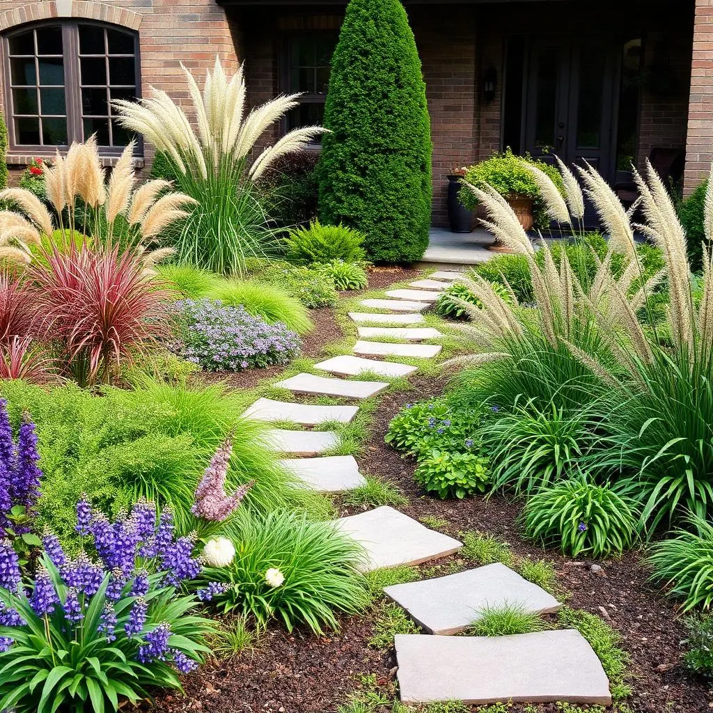 Illustrative image: Layered garden planting beside a stone walkway